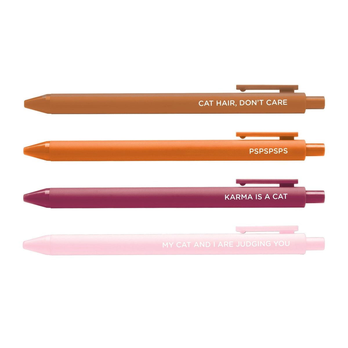 Obsessed With My Cat pen set — 4 jotter gel pens in camel, orange, burgundy and light pink with cat phrases, 0.5mm fine point, by MangoIllustrated