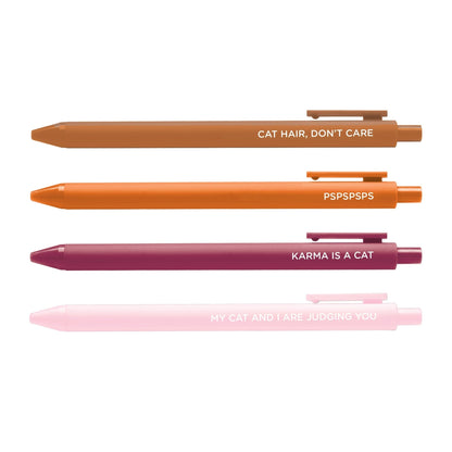 Obsessed With My Cat pen set — 4 jotter gel pens in camel, orange, burgundy and light pink with cat phrases, 0.5mm fine point, by MangoIllustrated