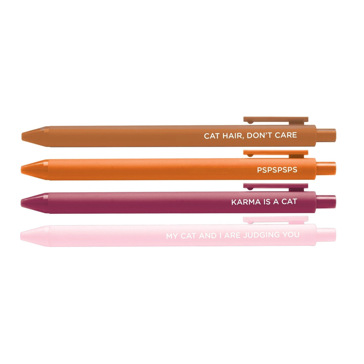 Obsessed With My Cat pen set flat lay — four cat-themed jotter gel pens for cat moms by indie artist MangoIllustrated