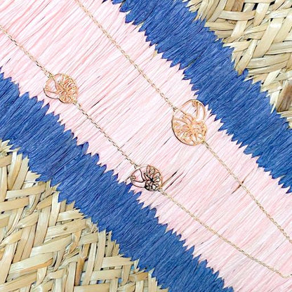 ocracoke long necklace with triple atlantic natica shells tbabnk000nk0009-gold on pink and blue basket background