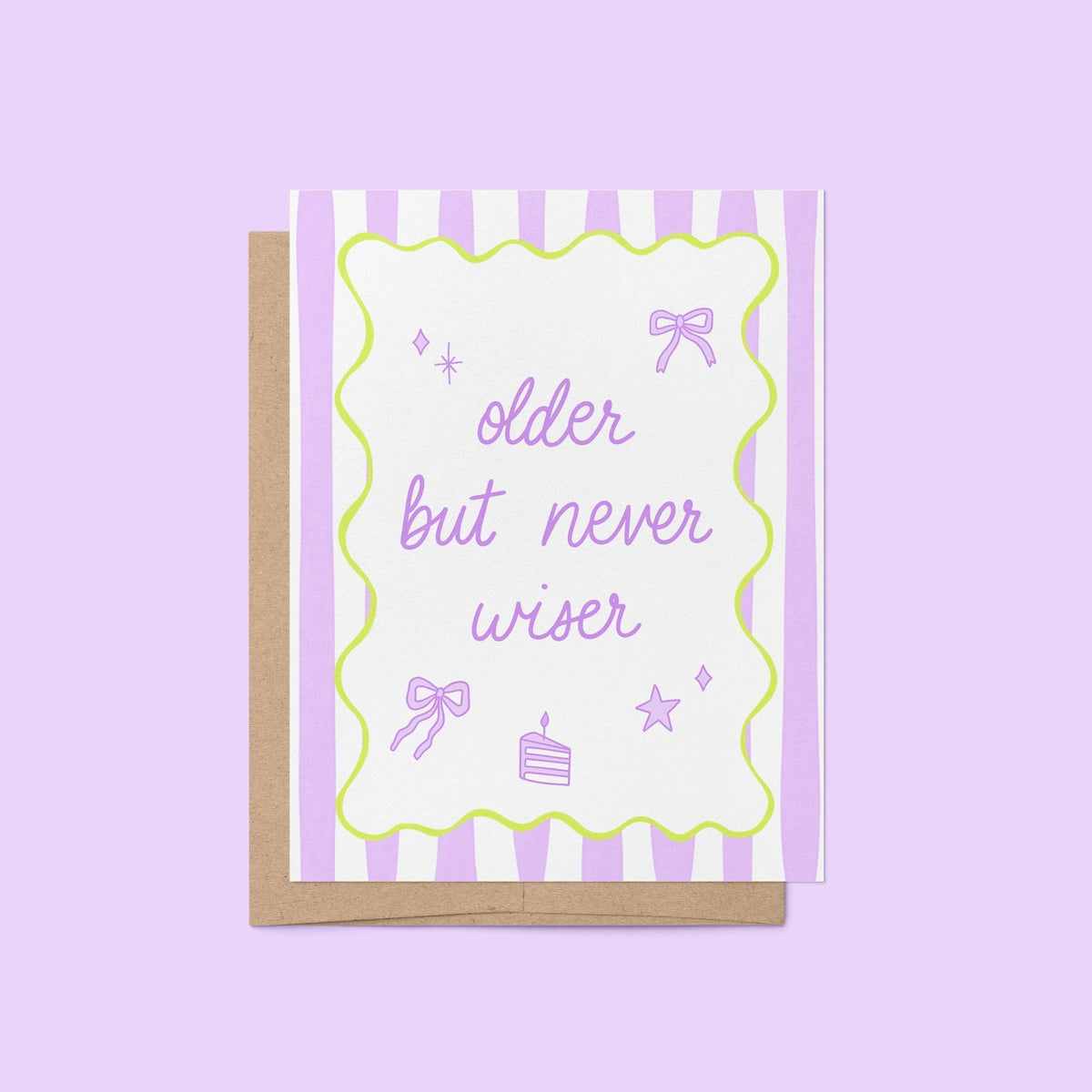Older But Never Wiser birthday card with A2 kraft envelope — coquette style funny birthday card by indie artist MangoIllustrated