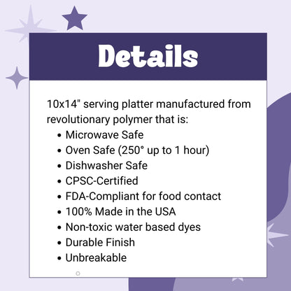 Product details graphic funny retro serving platter listing size 10 by 14 inches, polymer construction, microwave safe, oven safe to 250 degrees, dishwasher safe, CPSC certified, FDA compliant, made in USA