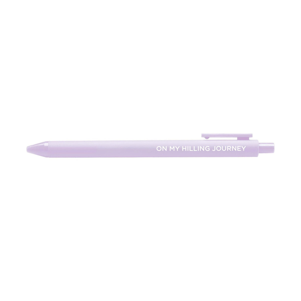On my hilling journey pen — lilac barrel gel pen printed with the phrase On my hilling journey, 0.5mm fine point, by MangoIllustrated