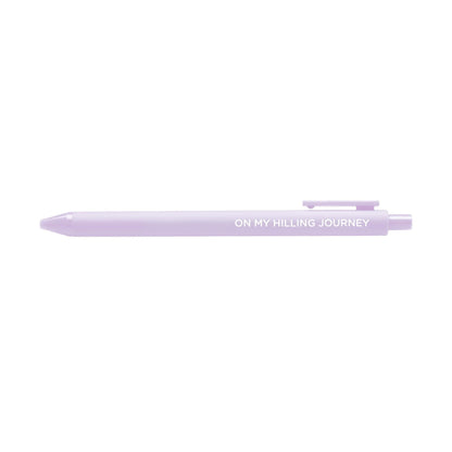 On my hilling journey pen — lilac barrel gel pen printed with the phrase On my hilling journey, 0.5mm fine point, by MangoIllustrated
