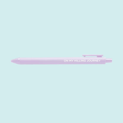 On my hilling journey pen — lilac reality TV fan gel pen with printed white lettering by indie artist MangoIllustrated