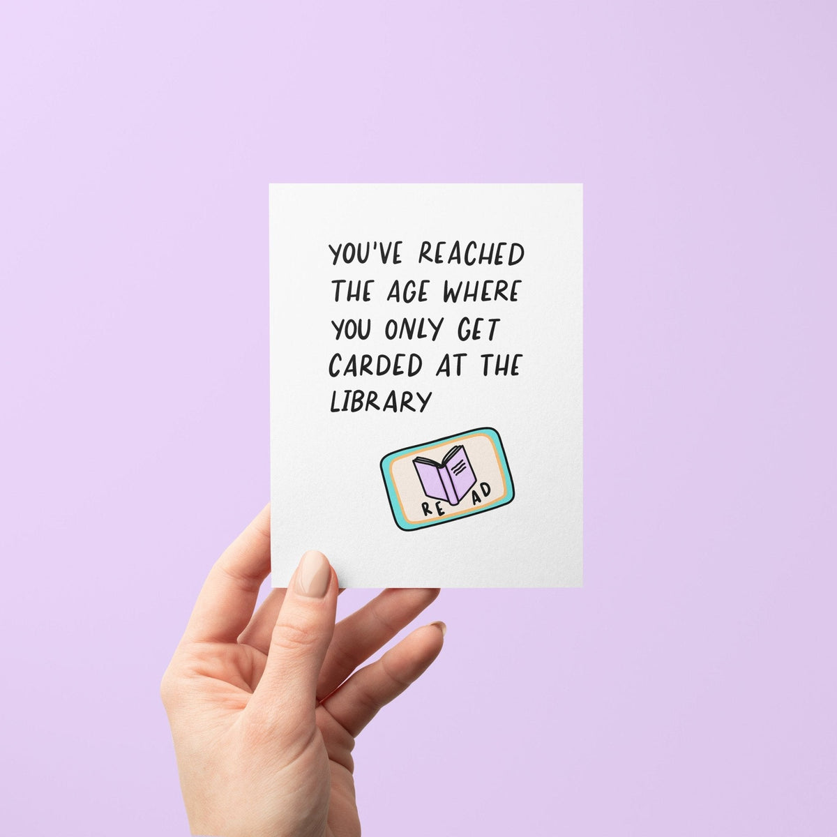 Only Get Carded at the Library Birthday Card with A2 kraft envelope — bookish birthday card for readers and librarians by indie artist MangoIllustrated