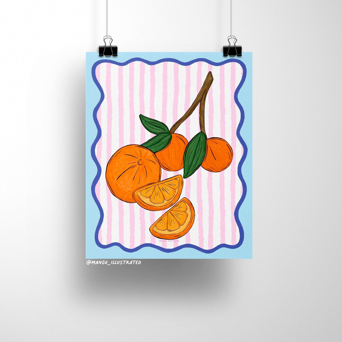 Oranges art print detail — close up of the orange illustration and scalloped border, by indie artist MangoIllustrated