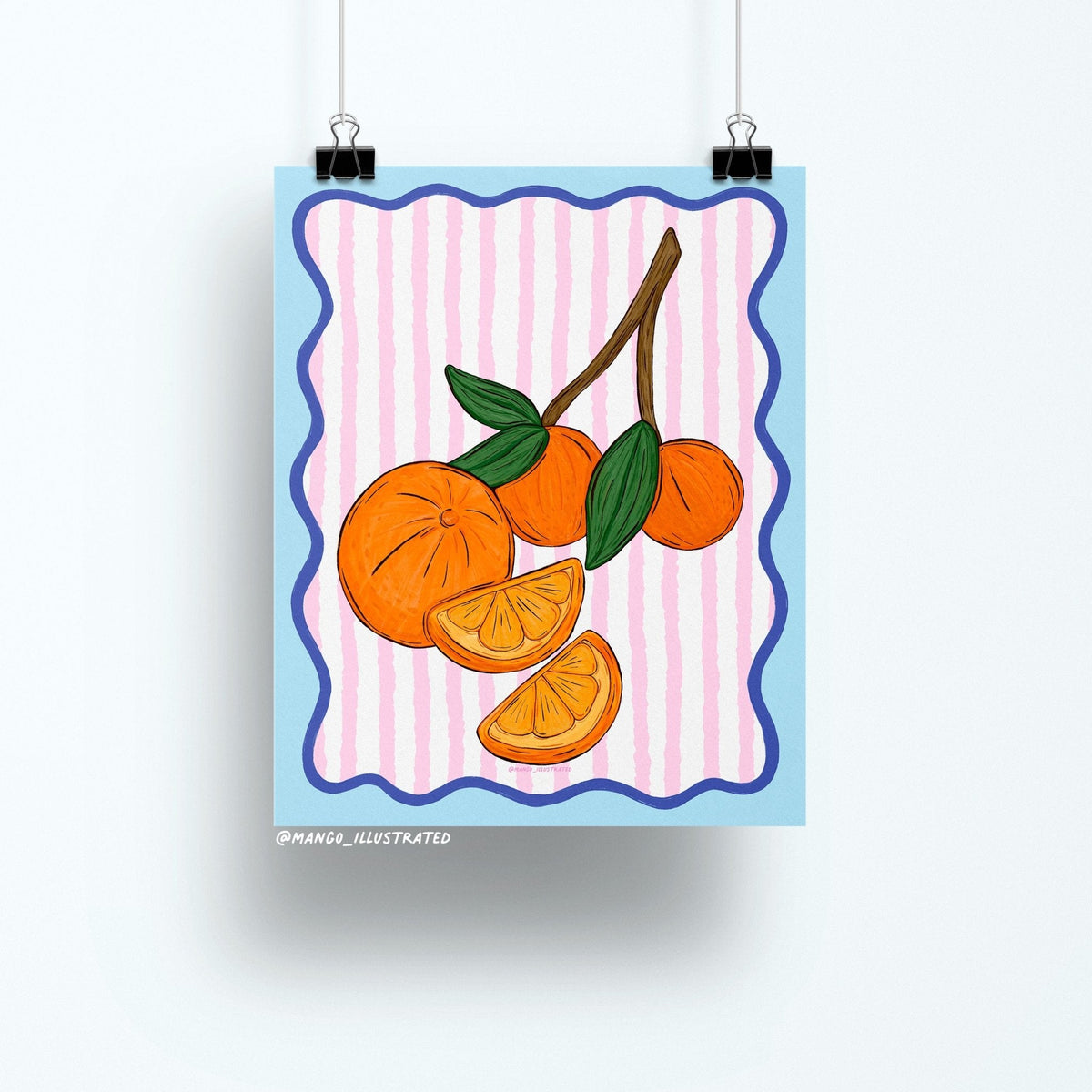 Oranges art print flat lay — colorful citrus kitchen wall art on matte art paper, by indie artist MangoIllustrated