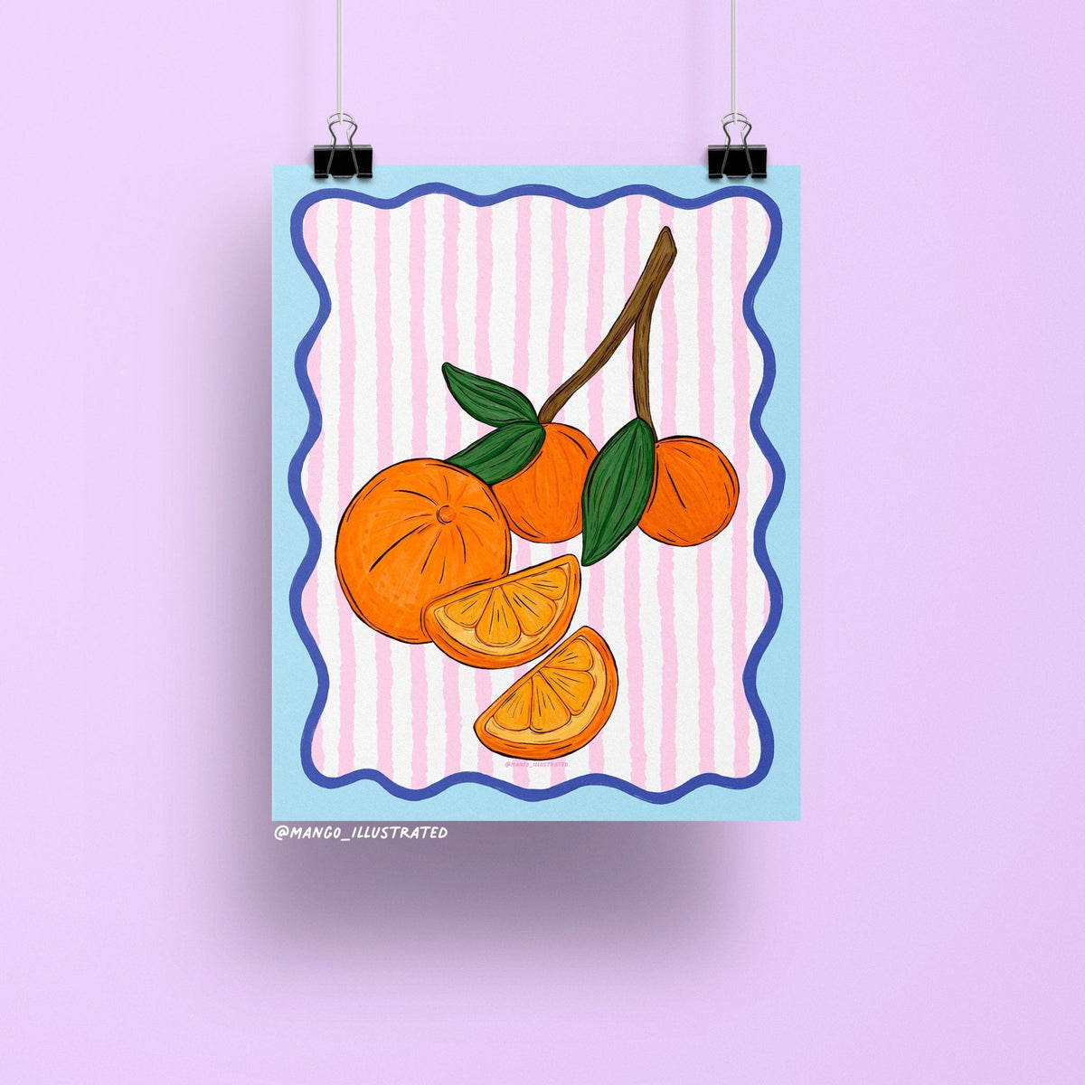 Oranges art print — hand drawn oranges and leafy stems on a pink striped background with a scalloped blue frame, 8 x 10 in, by MangoIllustrated