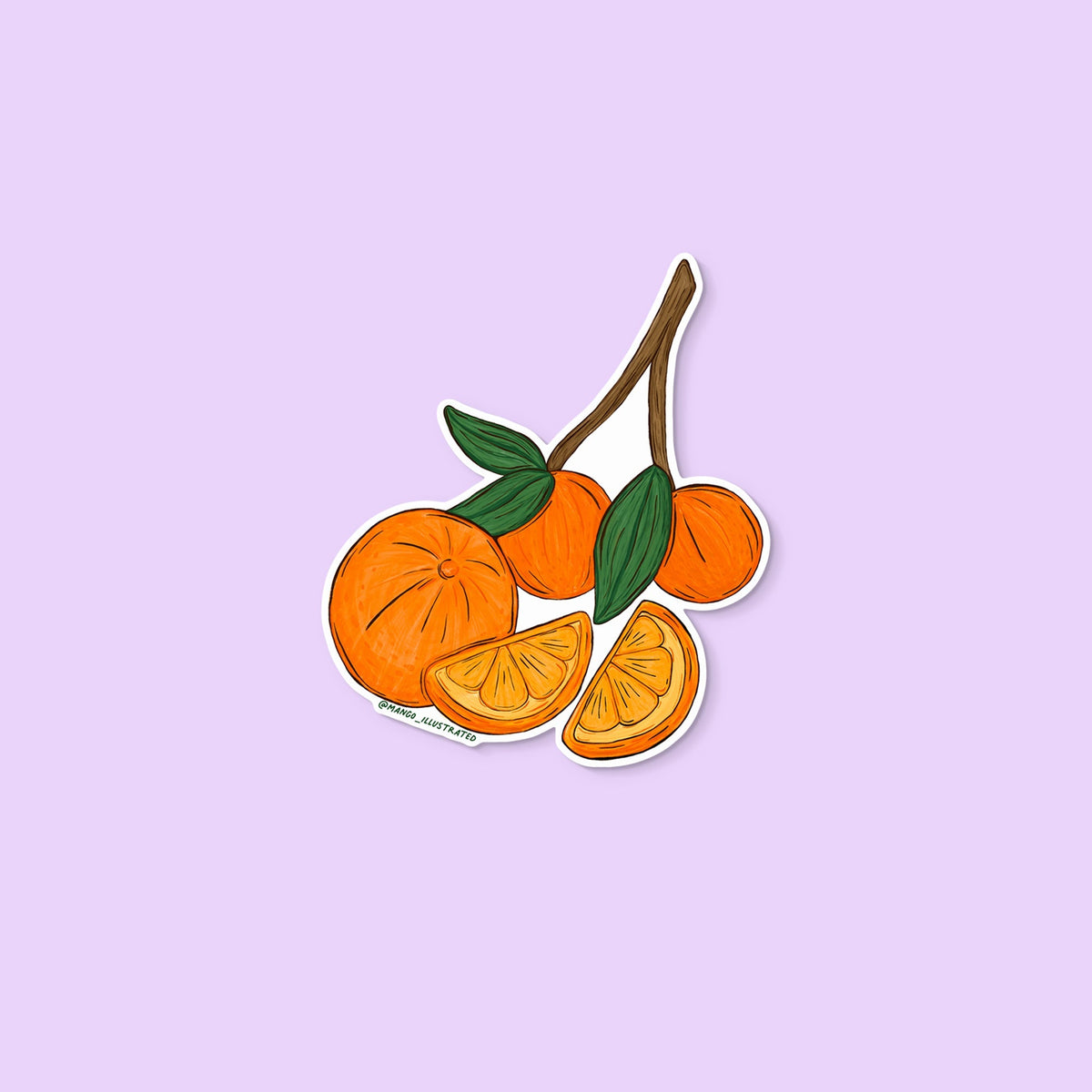 Oranges sticker — hand-drawn oranges with green leaves and citrus slices, approximately 3 in x 3 in, by MangoIllustrated
