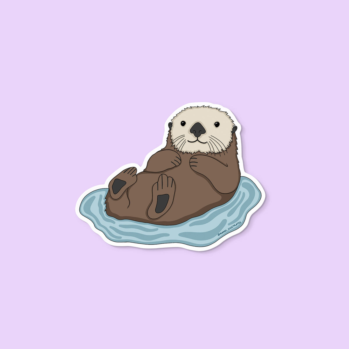 Otter sticker — hand drawn sea otter floating on its back in blue water, approximately 3 in x 3 in, by MangoIllustrated