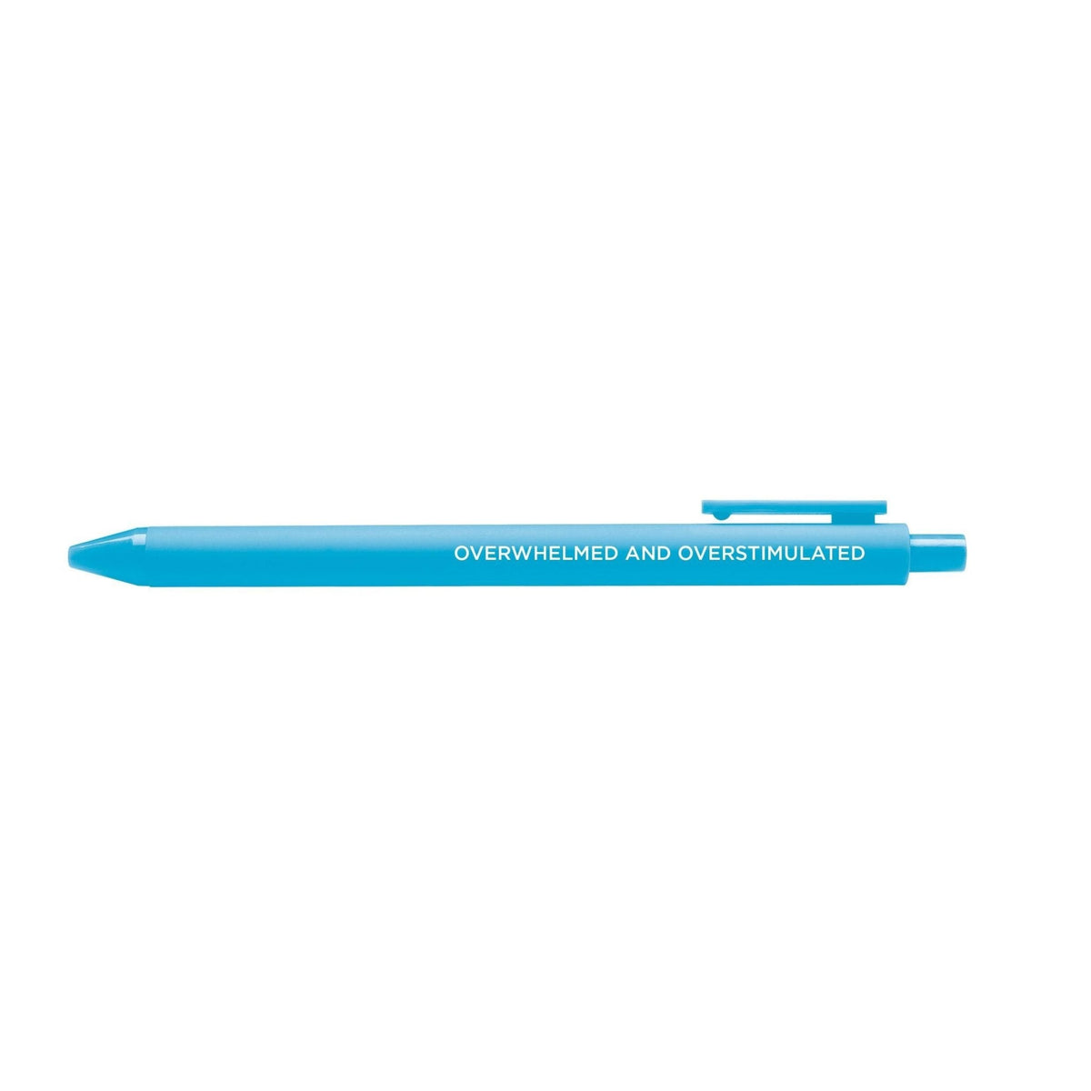 Overwhelmed and overstimulated pen flat lay — bright blue neurodivergent desk pen by indie artist MangoIllustrated