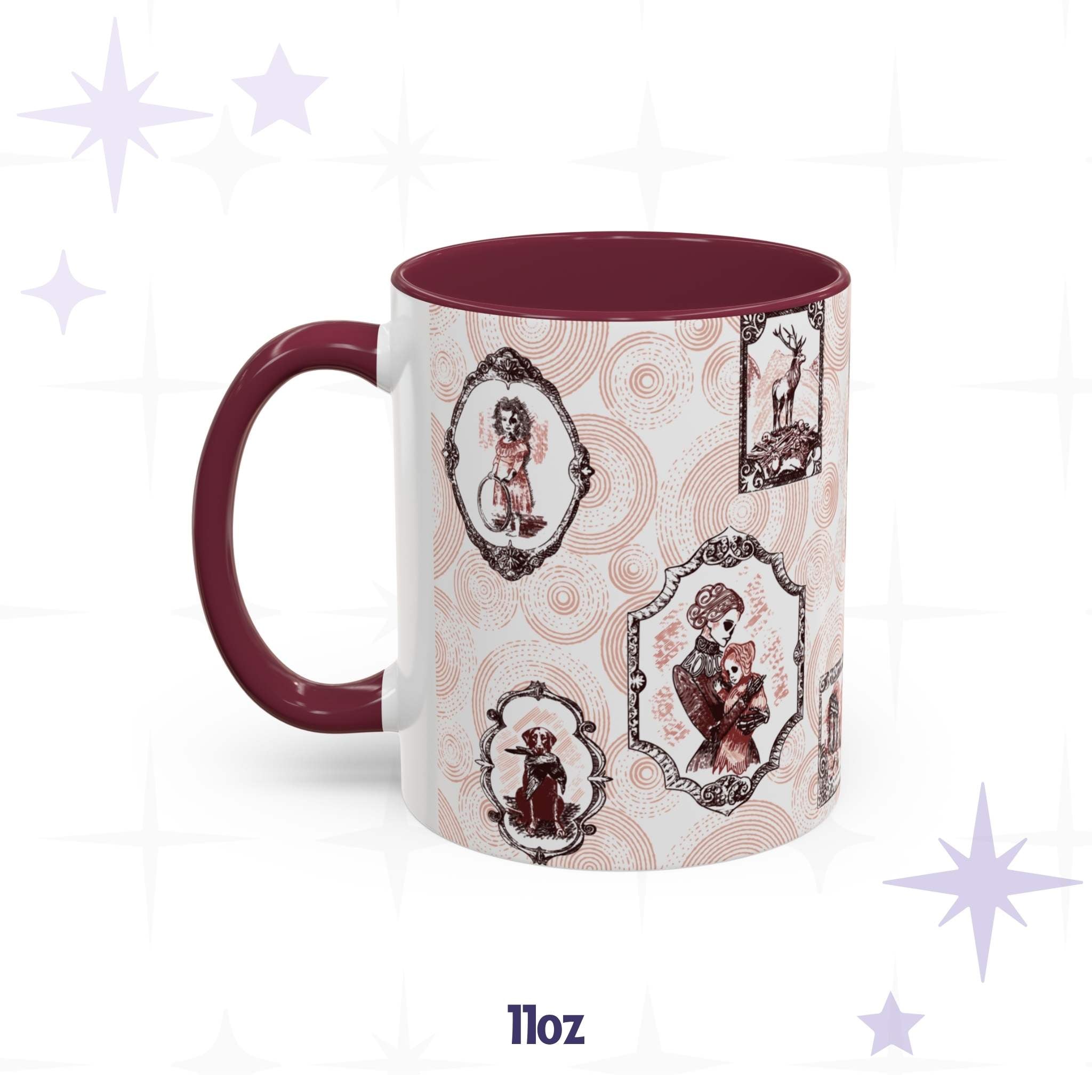 Eleven-ounce oxblood portrait mug showing the hoop girl, a stag on a hill of bones, and a mother cradling a hooded child, all skull-faced in red