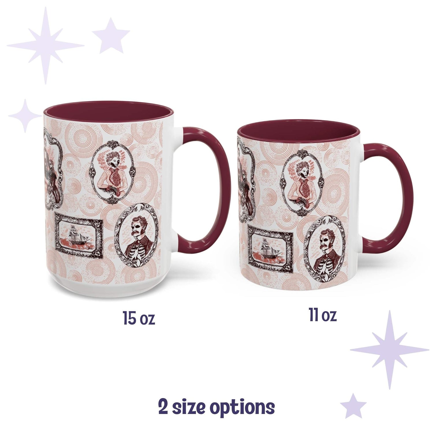 Two oxblood portrait mugs side by side in 15oz and 11oz sizes, both printed with red gothic gallery-wall frames and burgundy handles