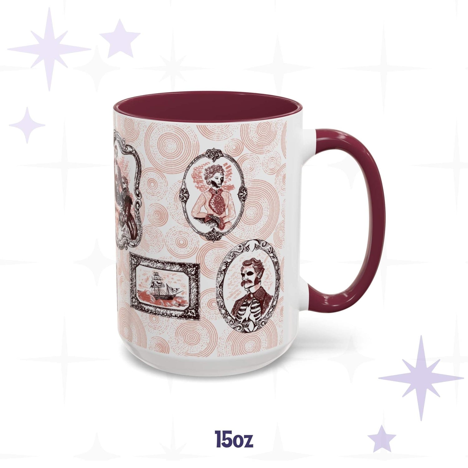 Fifteen-ounce oxblood portrait mug upright on a starred background, red transferware frames of skeleton-faced Victorian sitters, burgundy handle