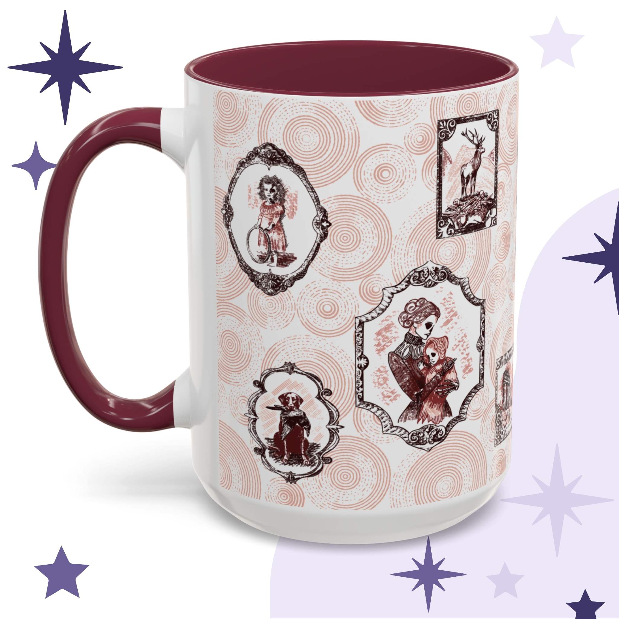 Oxblood portrait mug shown from the left, white ceramic wrapped with red Victorian frames of skeleton-faced ancestors, deep burgundy interior and handle