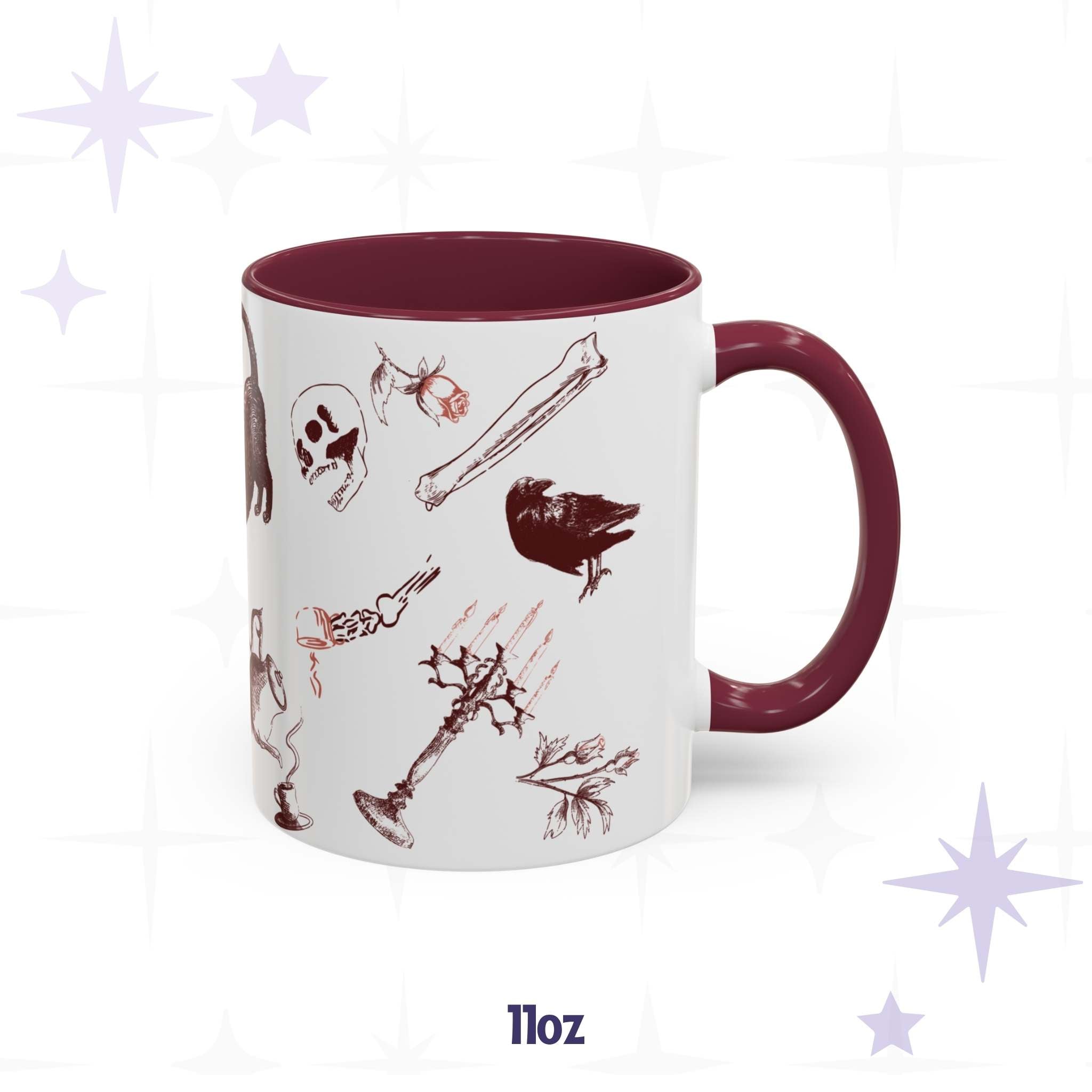 Eleven-ounce oxblood skull and bones mug, red macabre ditsy print with a black cat, a raven, a skull, a candelabra, and a skeletal hand holding a steaming teacup