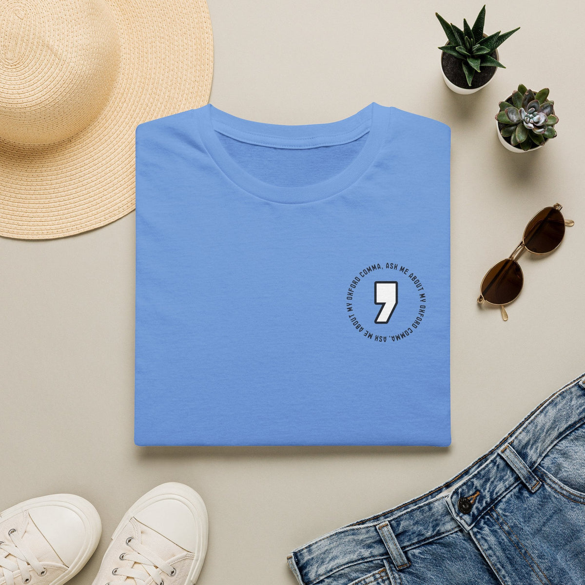 oxford-comma-unisex-crewneck-tshirt-literary-apparel-english-language-tee-teacher-gift-language-arts-carolina-blue