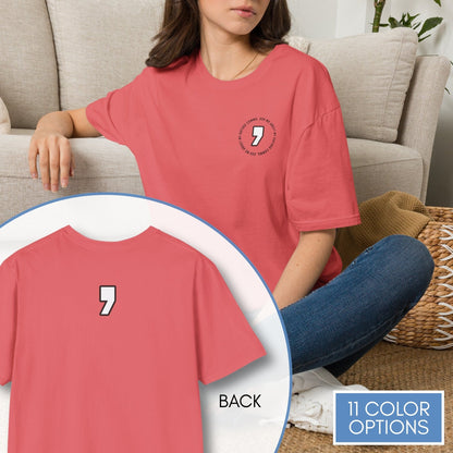 oxford-comma-unisex-crewneck-tshirt-literary-apparel-english-language-tee-teacher-gift-language-arts-coral-silk