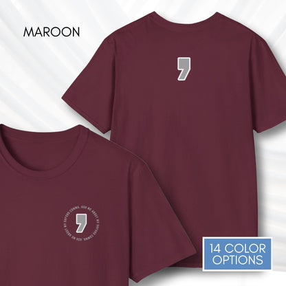 oxford-comma-unisex-crewneck-tshirt-literary-apparel-english-language-tee-teacher-gift-language-arts-maroon
