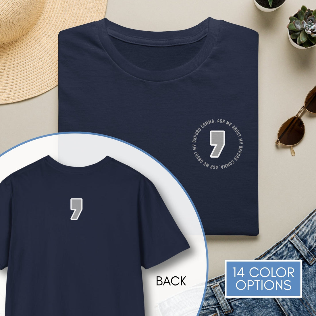 oxford-comma-unisex-crewneck-tshirt-literary-apparel-english-language-tee-teacher-gift-language-arts-navy