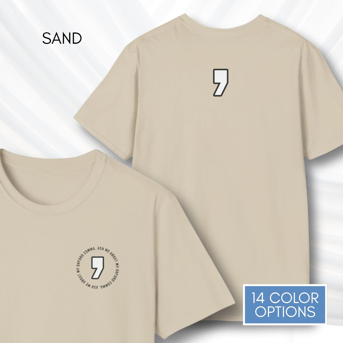oxford-comma-unisex-crewneck-tshirt-literary-apparel-english-language-tee-teacher-gift-language-arts-sand
