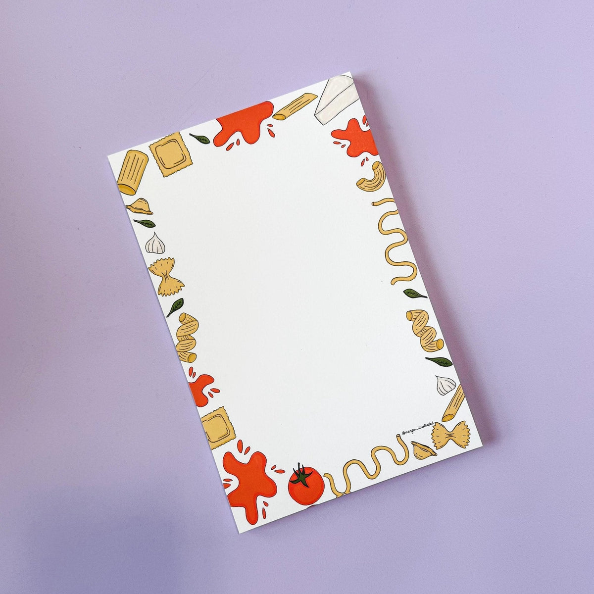 Pasta notepad — illustrated Italian ingredient note pad shown in a cellophane sleeve by indie artist MangoIllustrated