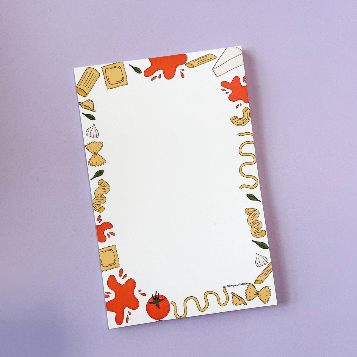 Pasta notepad — illustrated grocery list notepad with hand drawn pasta, tomatoes, garlic, cheese and basil, 8.5x5.5 inches, by MangoIllustrated