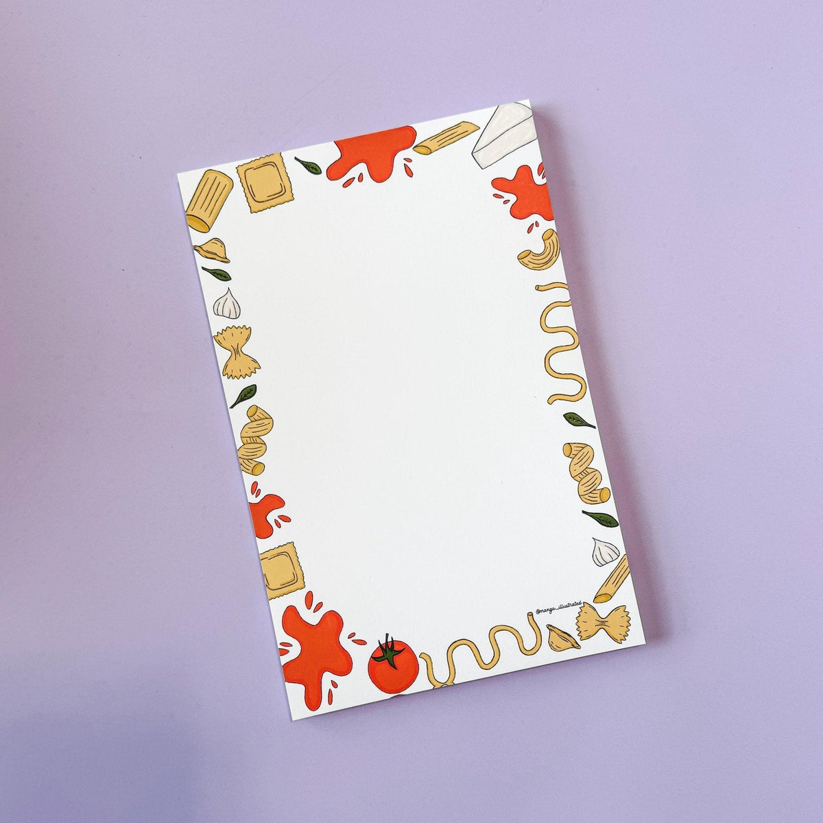 Pasta notepad flat lay — 8.5 x 5.5 inch gummed grocery list pad styled on a kitchen counter by indie artist MangoIllustrated