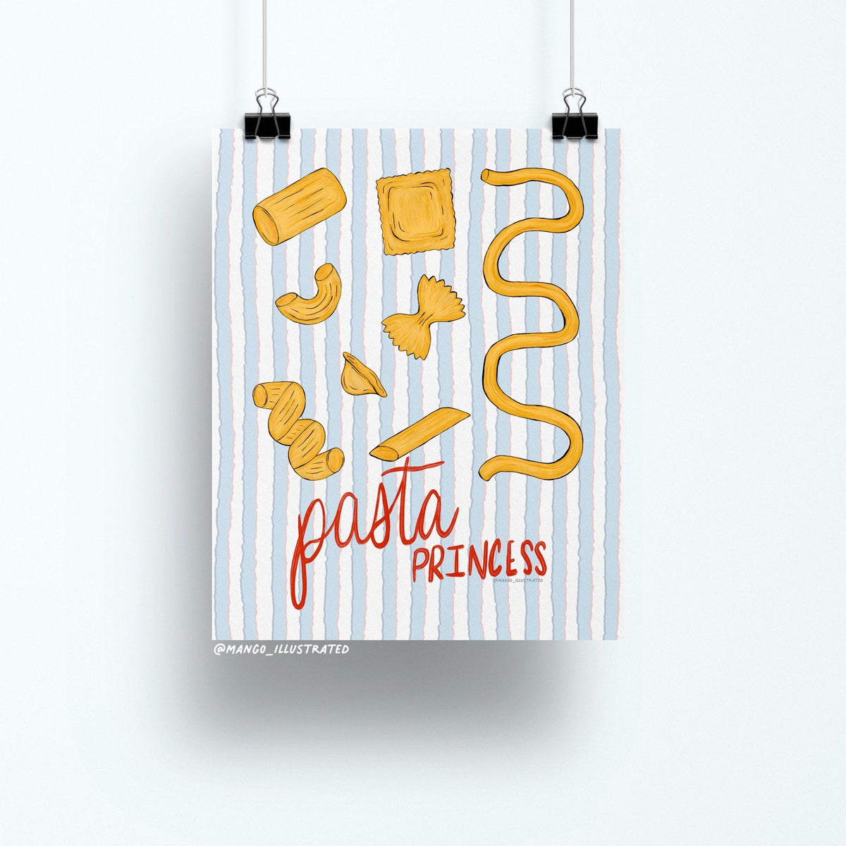 Pasta Princess art print flat lay — foodie kitchen wall art on matte art paper, by indie artist MangoIllustrated