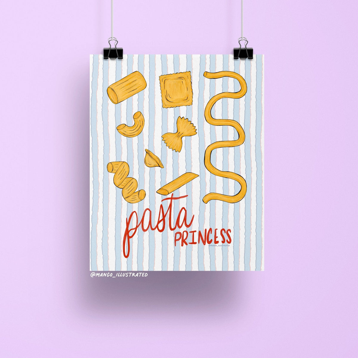 Pasta Princess art print — illustrated pasta shapes from farfalle to rigatoni on a blue striped background, 8 x 10 in, by MangoIllustrated