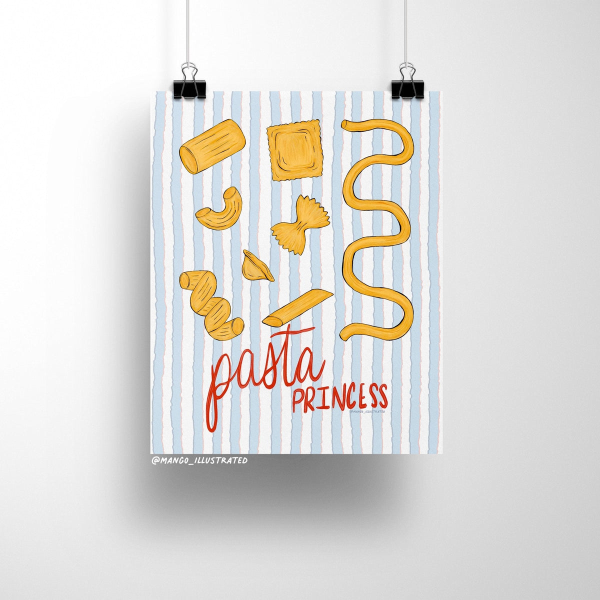 Pasta Princess art print detail — close up of the illustrated pasta shapes and stripes, by indie artist MangoIllustrated