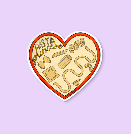 Pasta princess sticker — hand drawn pasta shapes inside a red heart outline, by MangoIllustrated