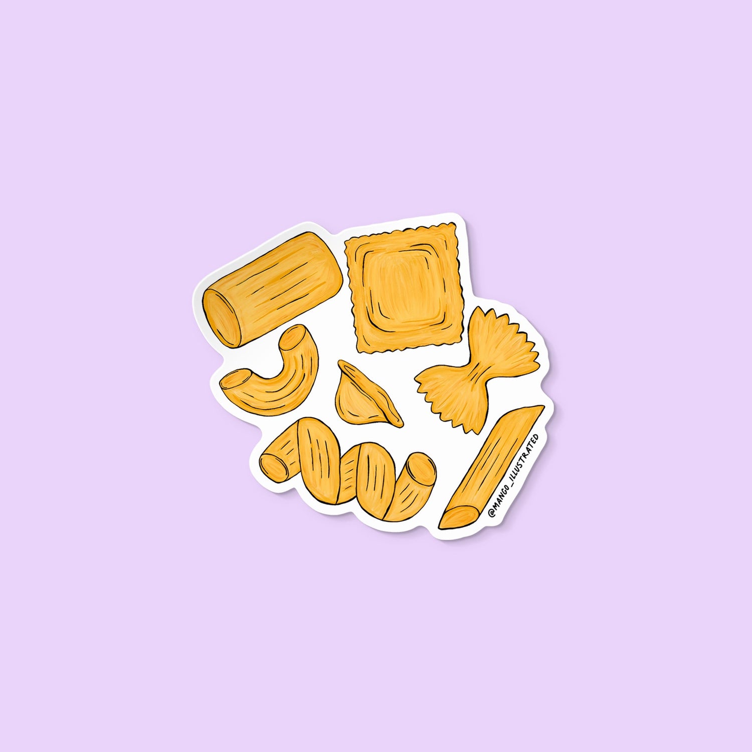 Vinyl sticker illustration of assorted pasta shapes including penne, rigatoni, ravioli, farfalle, cavatappi, orecchiette, and macaroni.