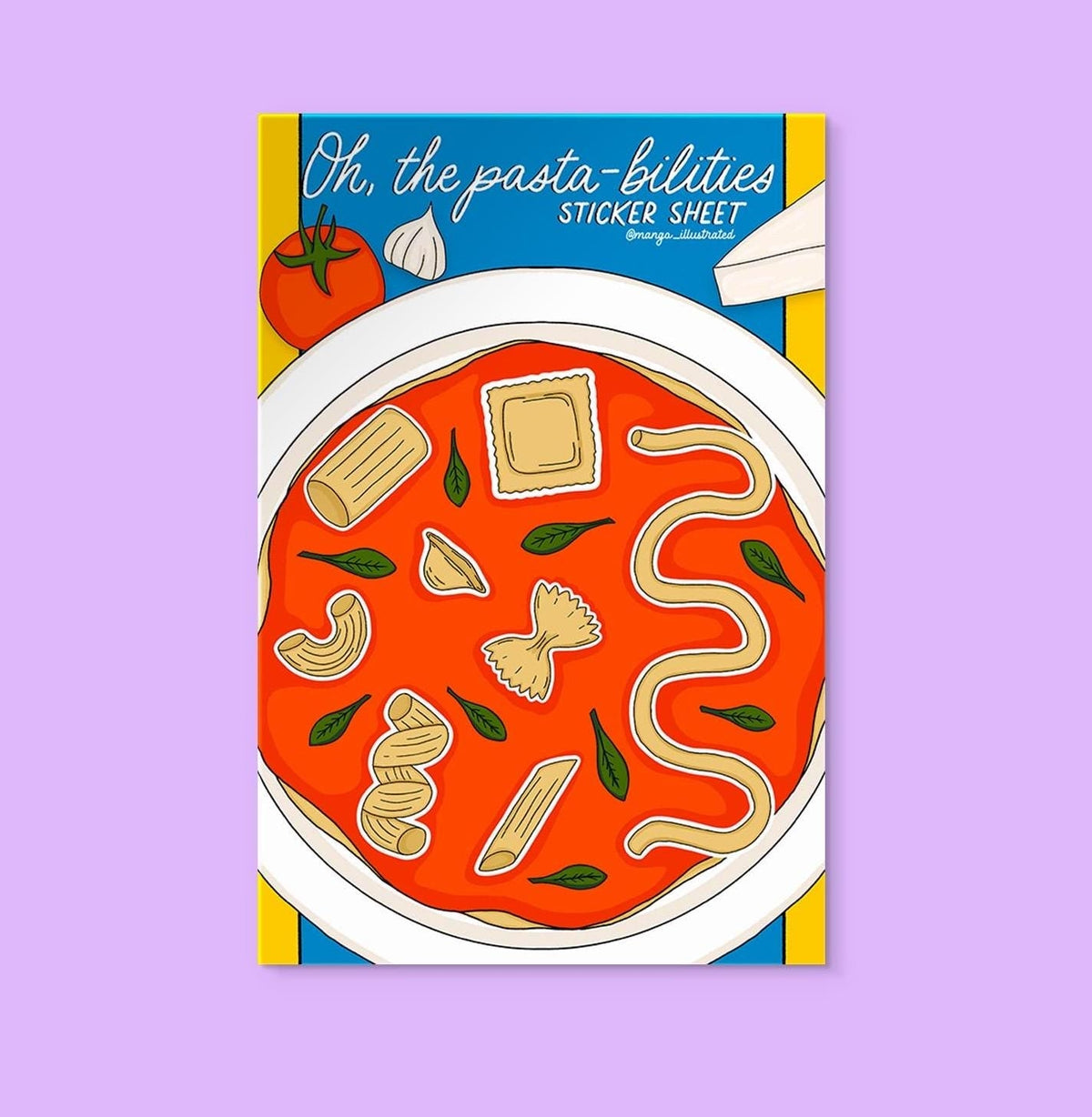 Pasta Sticker Sheet flat lay — mini illustrated pasta sticker pack by indie artist MangoIllustrated