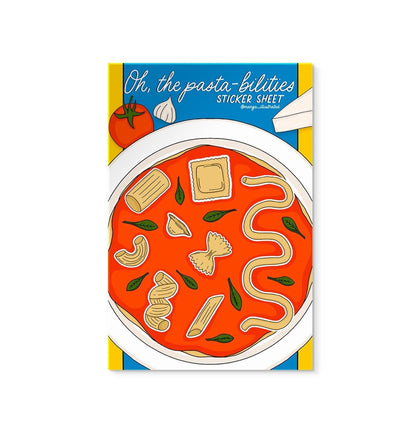 Pasta Sticker Sheet styled — oh the pasta-bilities illustrated foodie sticker sheet by MangoIllustrated