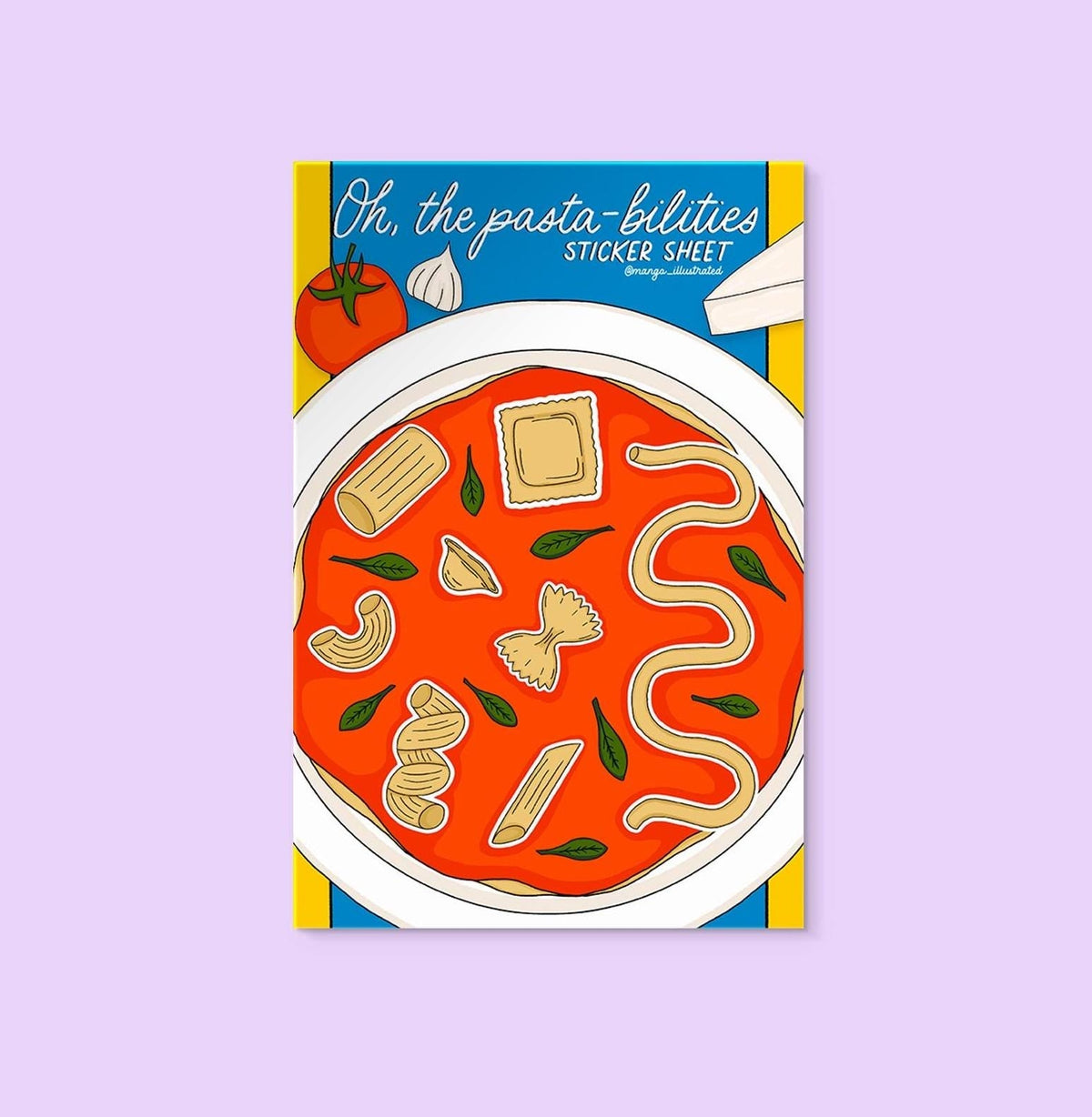 Pasta Sticker Sheet — 7 hand drawn pasta stickers including ravioli, spaghetti, and rigatoni by MangoIllustrated