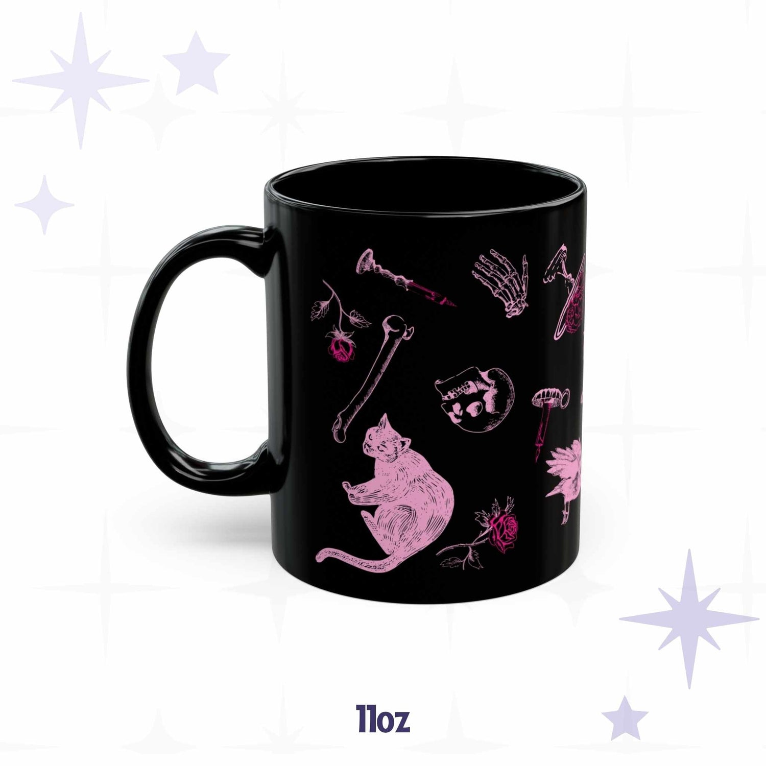 11 oz hot pink Victorian goth mug with a seated black cat, a skull, loose bones, and a rose on glossy black ceramic