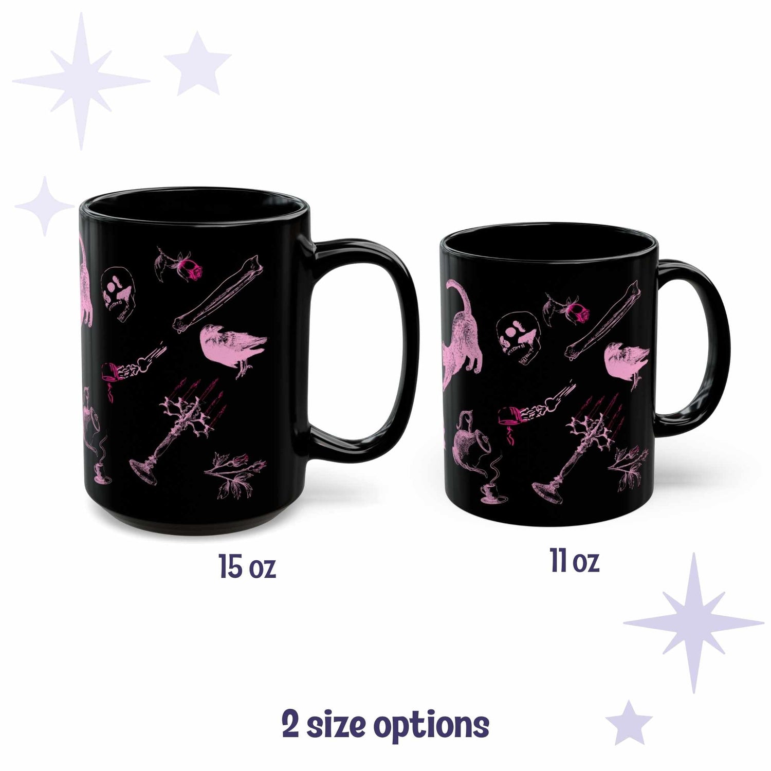 Hot pink Victorian zombie icons mug shown in 15 oz and 11 oz sizes side by side