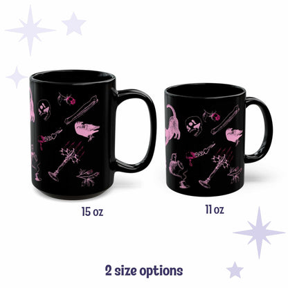 Hot pink Victorian zombie icons mug shown in 15 oz and 11 oz sizes side by side