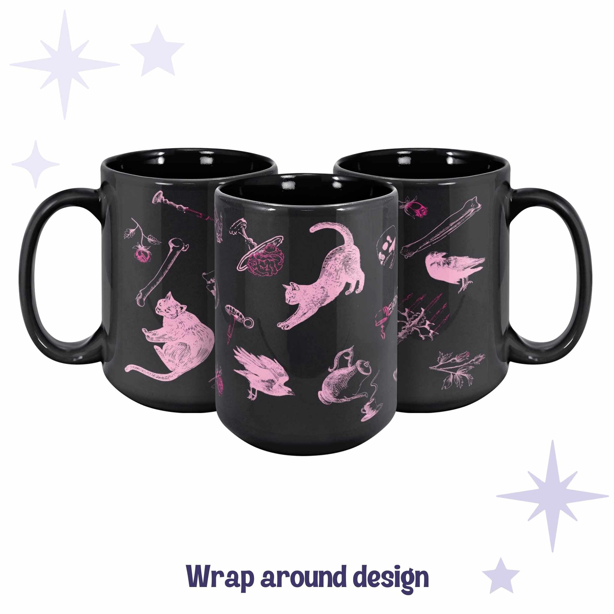 Three black ceramic mugs arranged to show the full wrap around hot pink zombie icons pattern