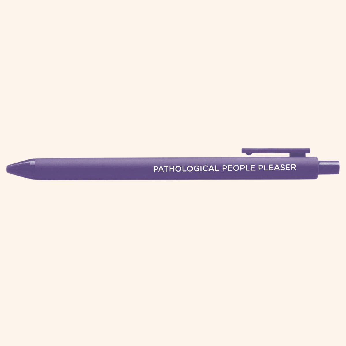 Pathological People Pleaser jotter gel pen styled shot — purple jotter pen as a desk gift and stocking stuffer by MangoIllustrated