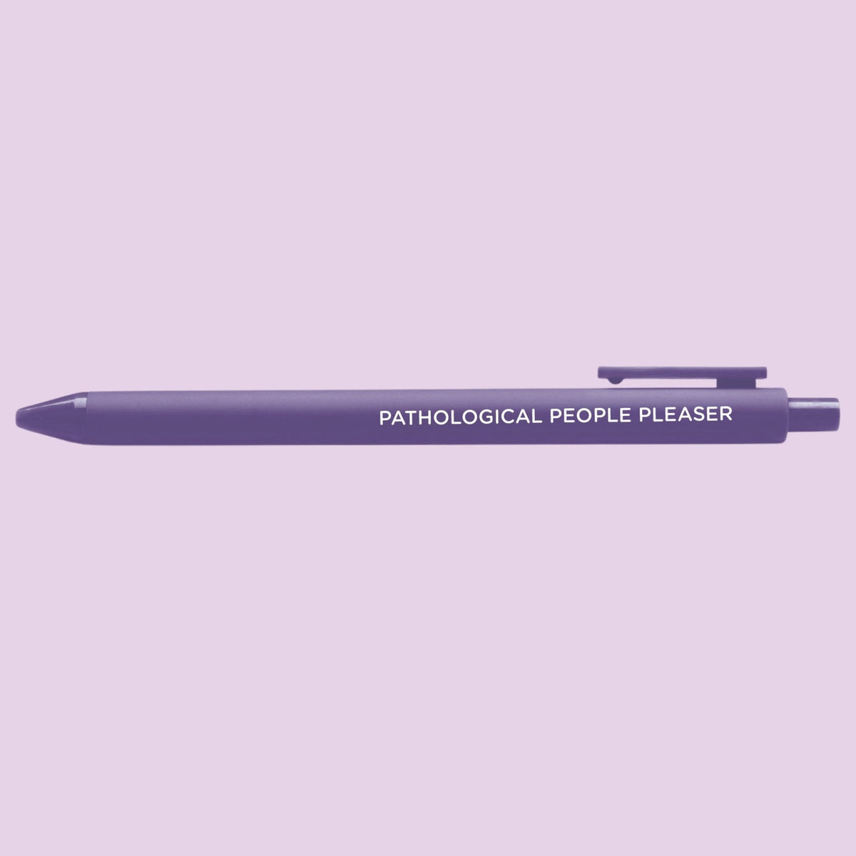 Pathological People Pleaser jotter gel pen angled view — purple jotter gel pen with black gel ink by indie artist MangoIllustrated