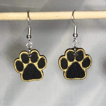 Paw Print Dangle Earrings - Black and Gold Dangle - Cate&