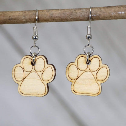Paw Print Dangle Earrings - Natural Wood Dangle - Cate&