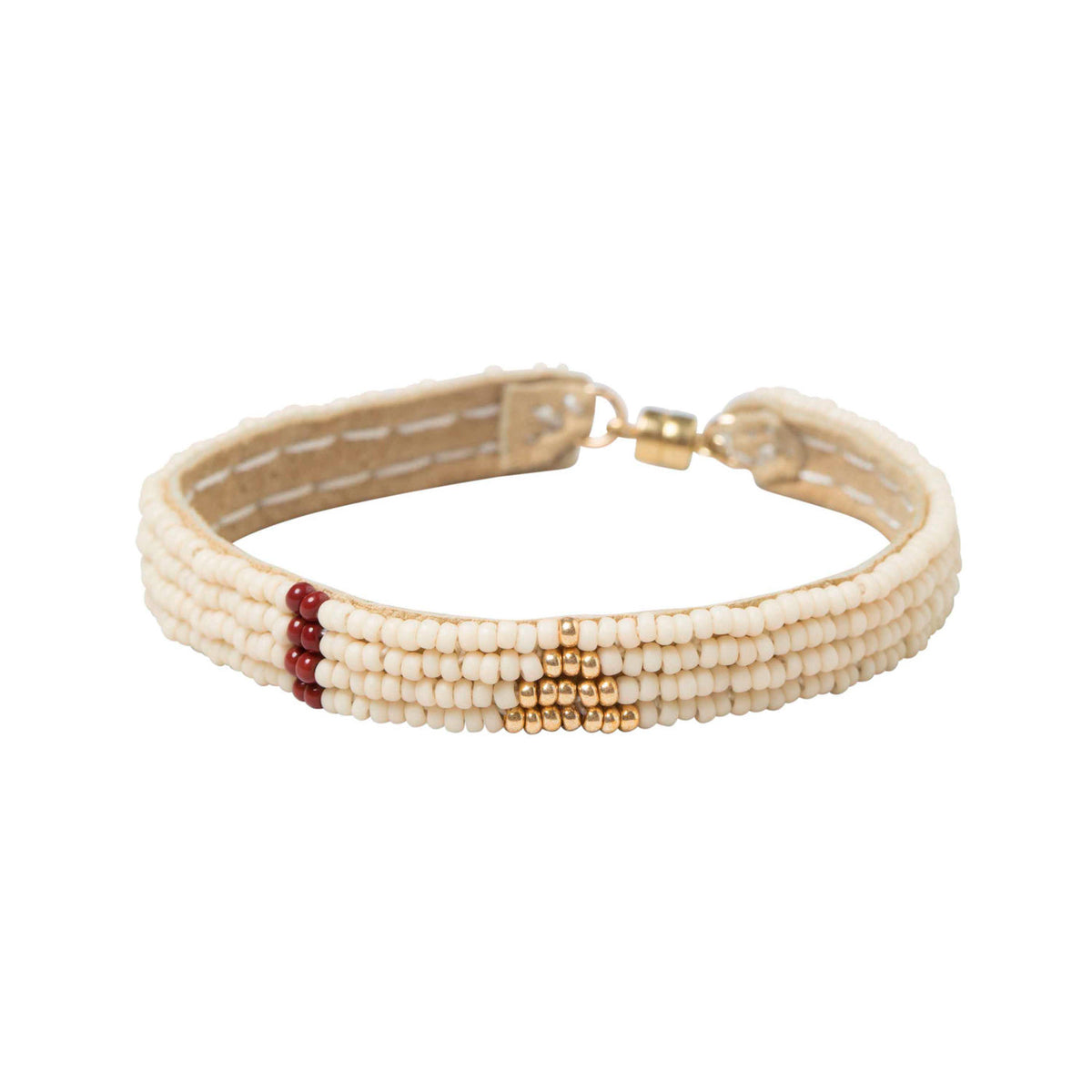 Pembetatu narrow handmade Maasai beadwork bracelet in gold and burgundy by Sidai Designs, ethical jewelry brand chicago, fair trade Tanzania