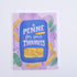 A folded greeting card with a colorful illustration of a package of pasta with penne noodles and basil leaves, and the text &