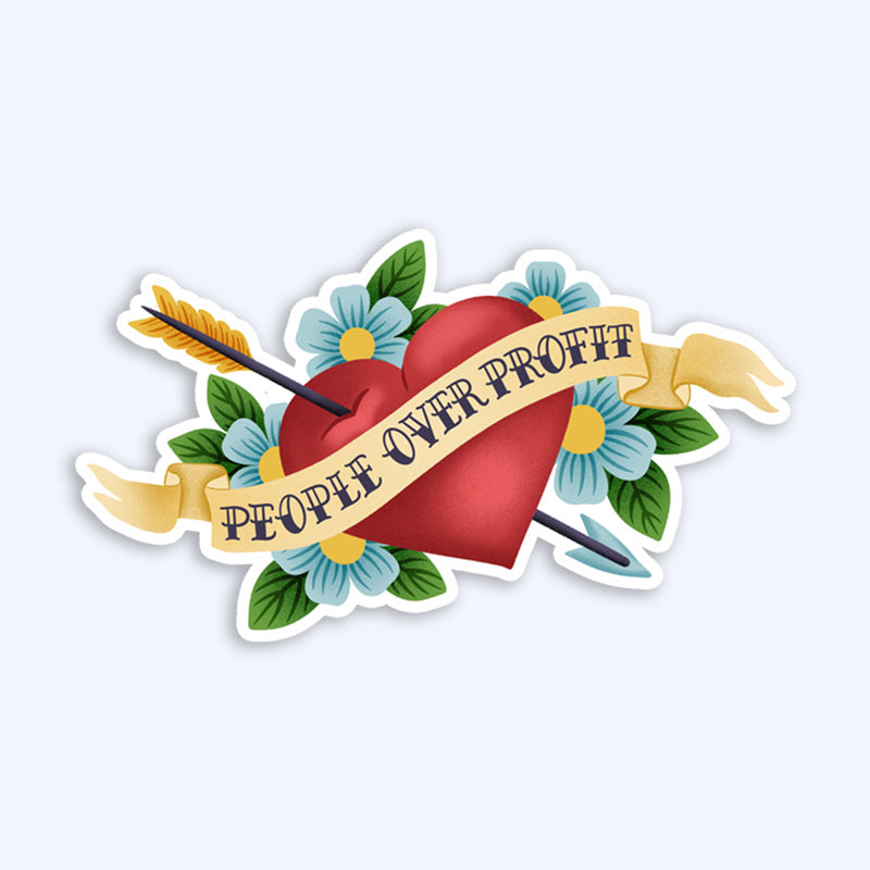 A sticker with a design featuring a red heart, flowers, and the text &