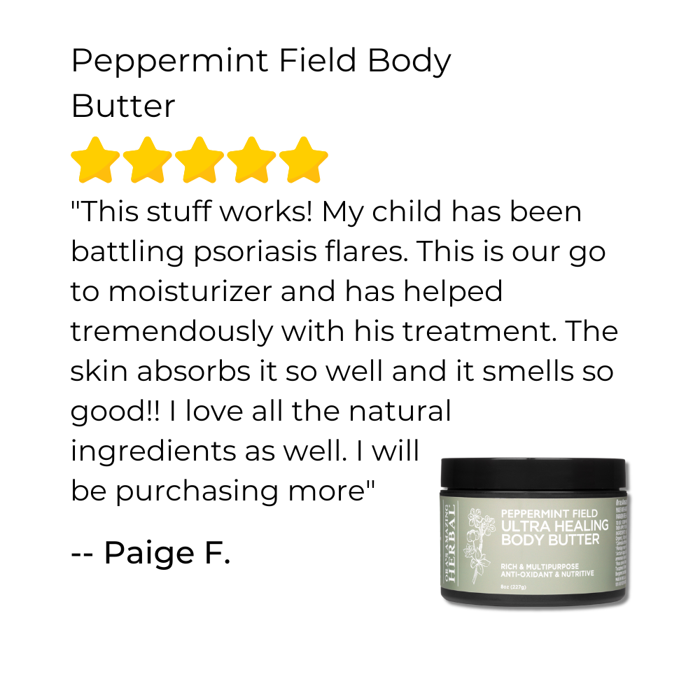 Peppermint Field Body Butter with five-star rating and customer review on a white background