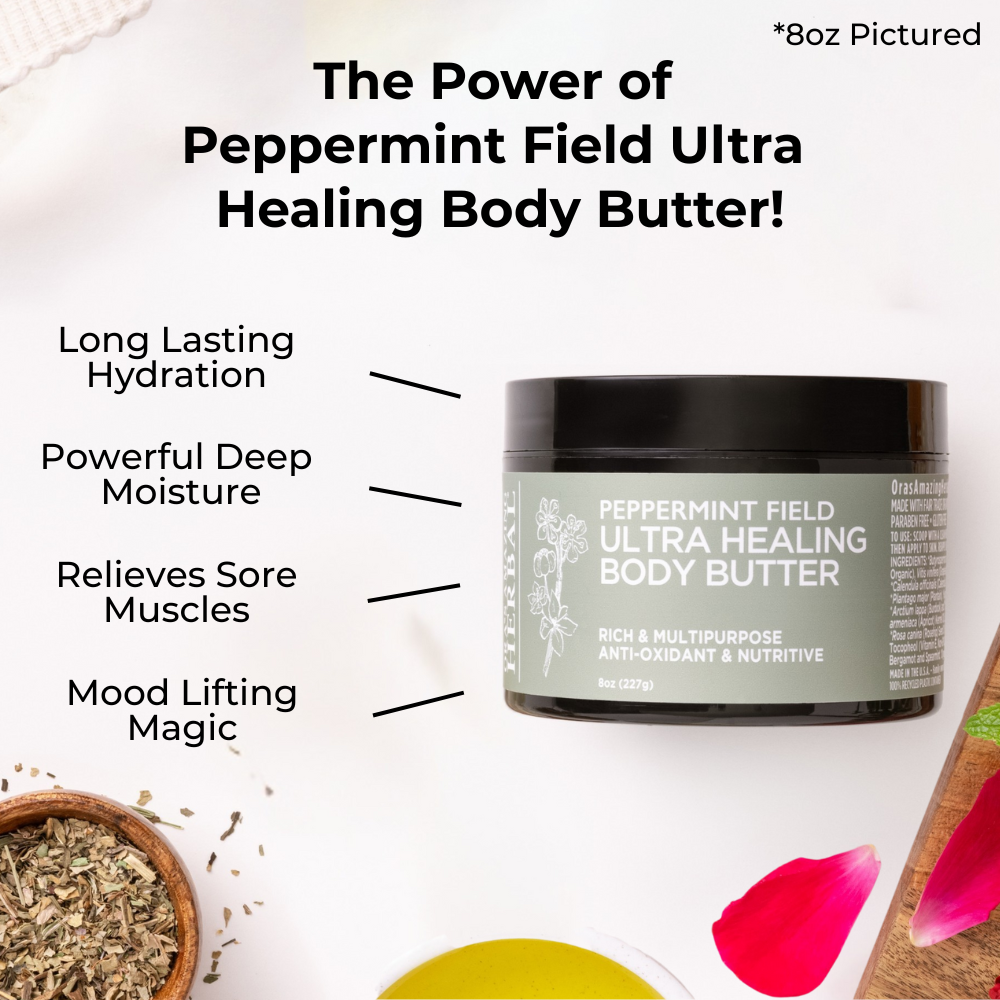 Peppermint Field Ultra Healing Body Butter 8oz Lifestyle Indoor Benefits Infographics